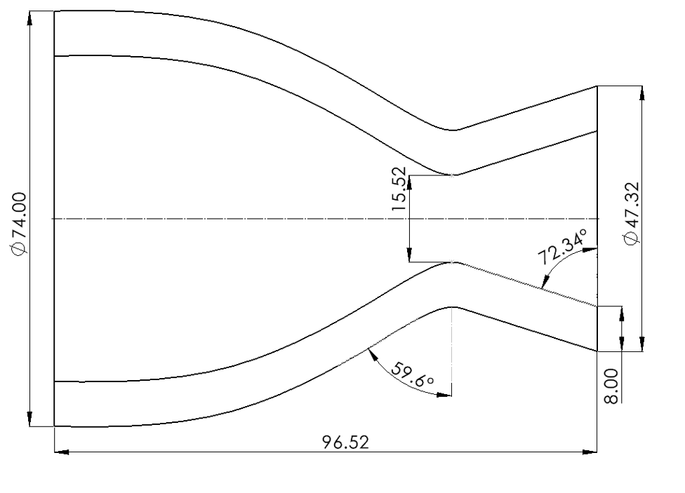 Technical drawing of a curved tapered mechanical part with dimensions and angle annotations