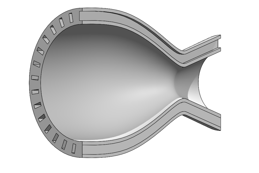 Gray CAD cross-section of a flared duct or nozzle with a slotted rim and narrowing outlet